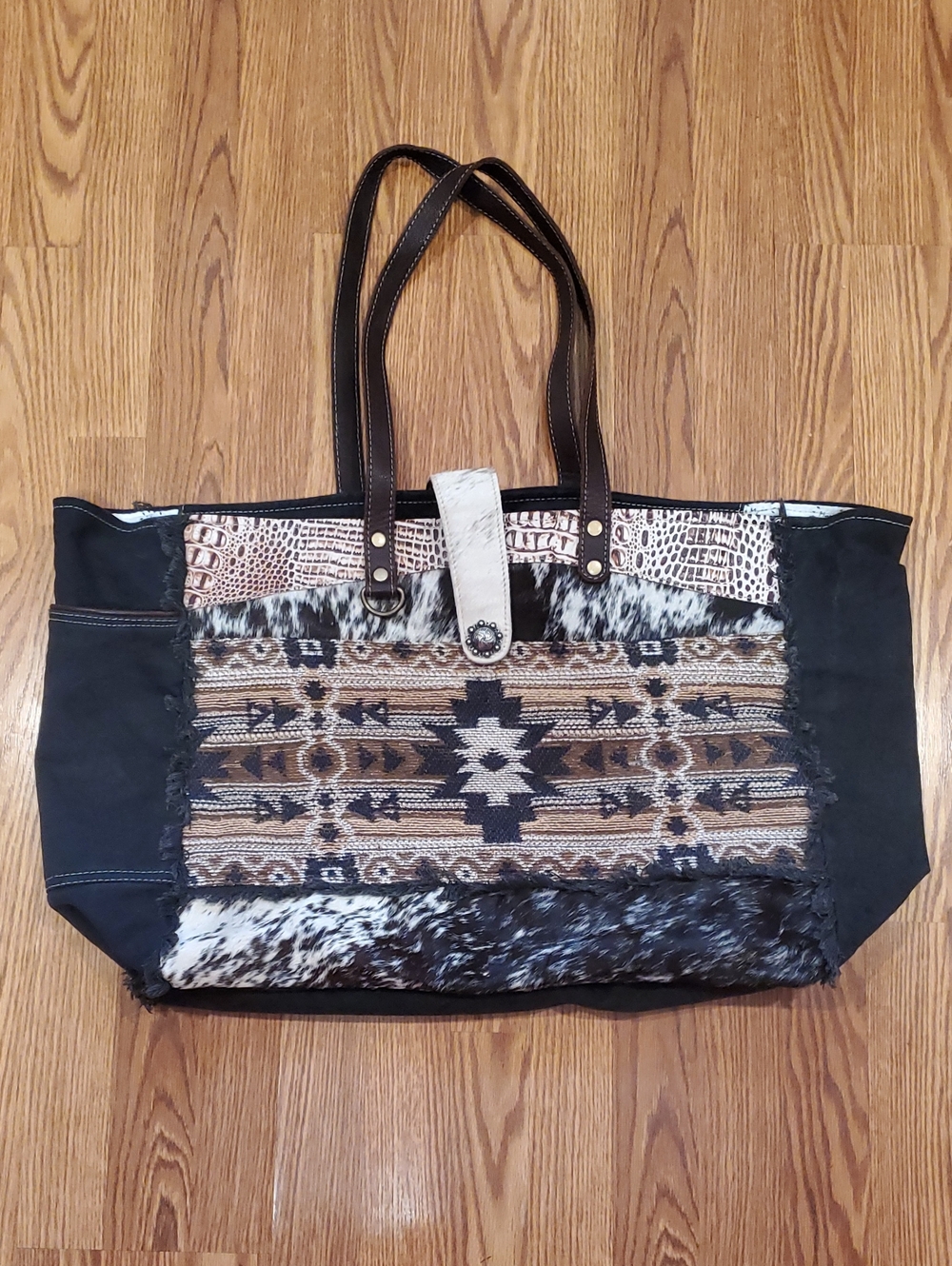 Myra Nolan Weekender Tote Bag With Real Cow Hide And Aztec Pattern